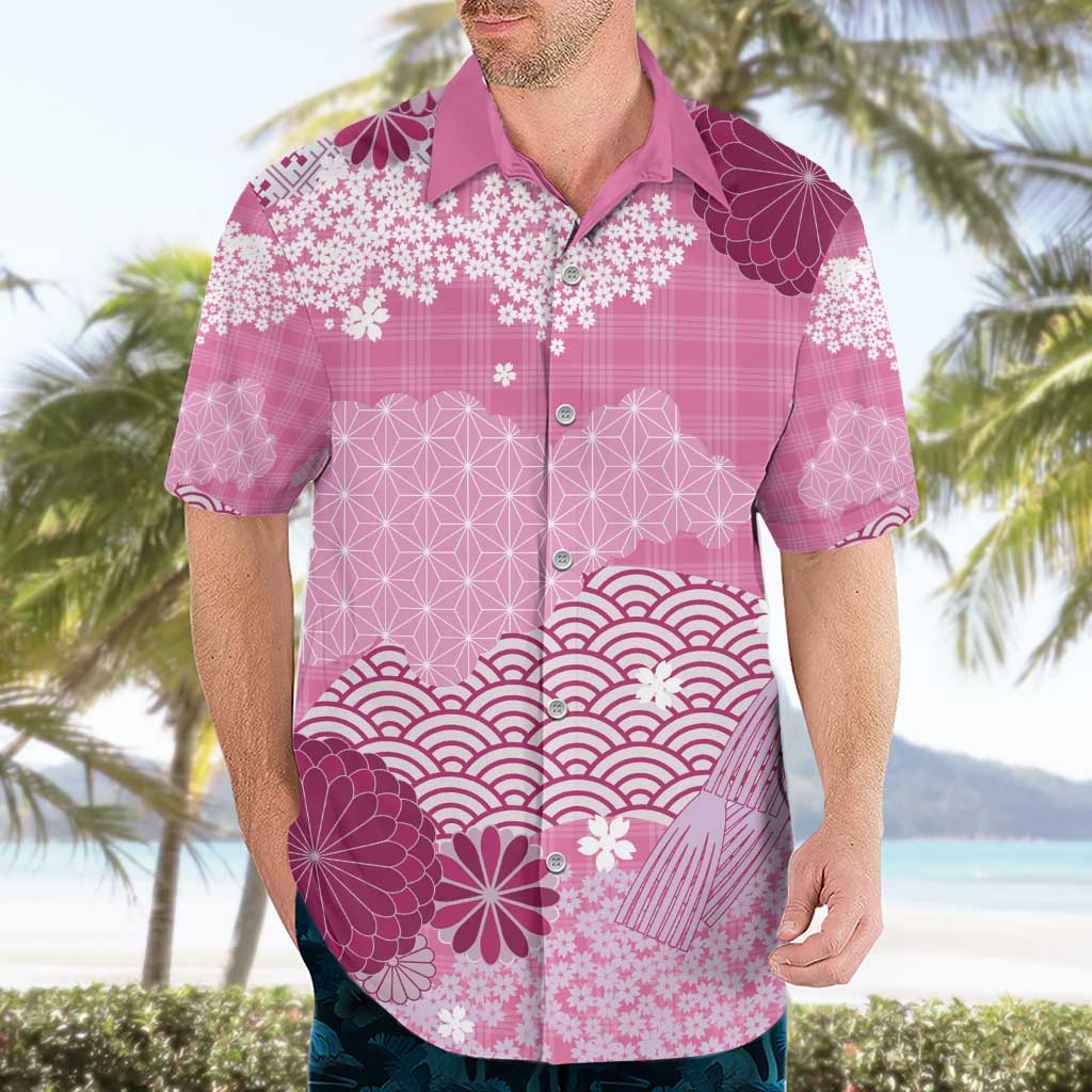Pink Palaka Japanese Patterns Hawaiian Shirt Asanoha Seigaiha Sakura Motif LT14 - Polynesian Pride