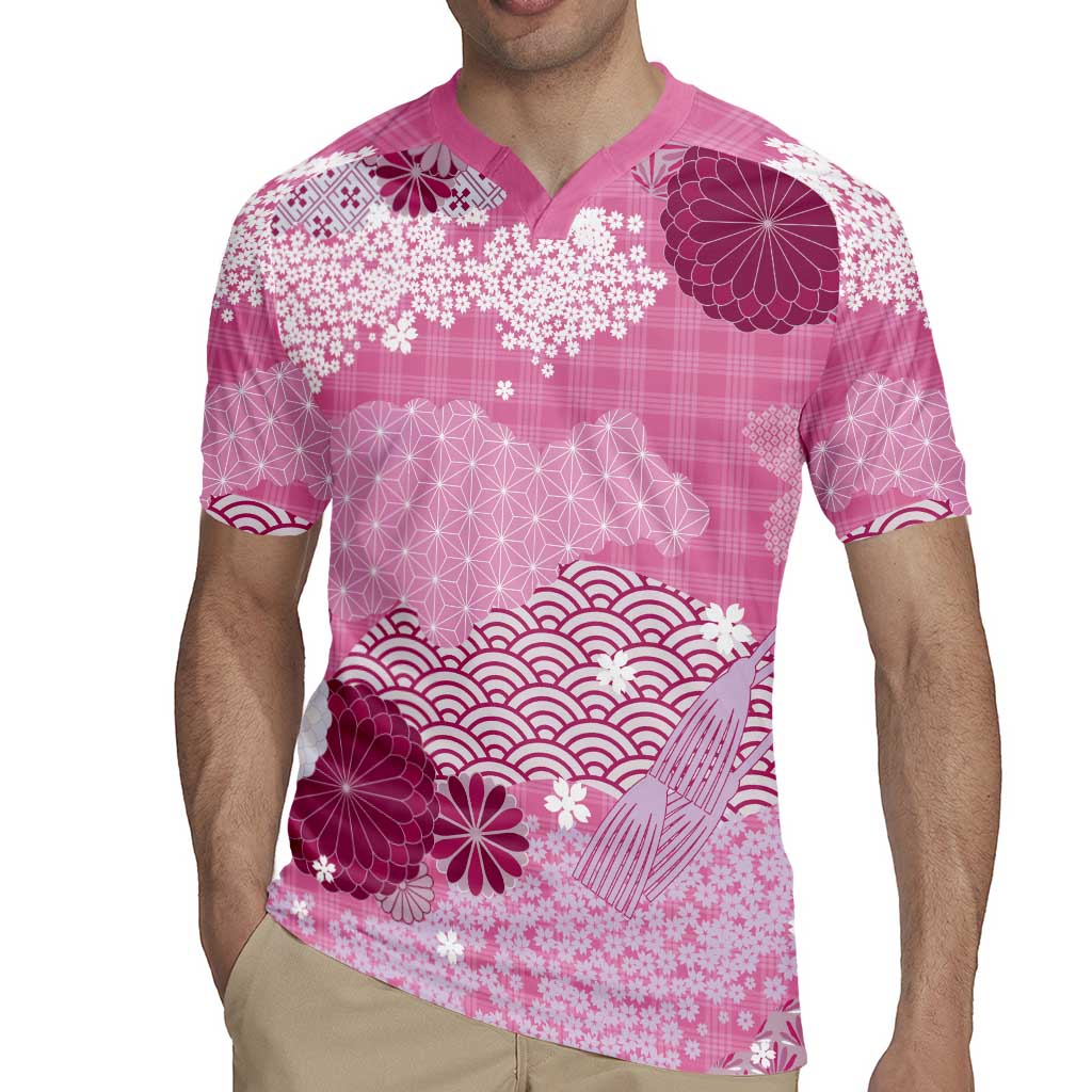 Pink Palaka Japanese Patterns Rugby Jersey Asanoha Seigaiha Sakura Motif LT14 - Polynesian Pride