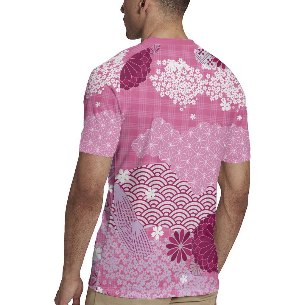 Pink Palaka Japanese Patterns Rugby Jersey Asanoha Seigaiha Sakura Motif LT14 - Polynesian Pride