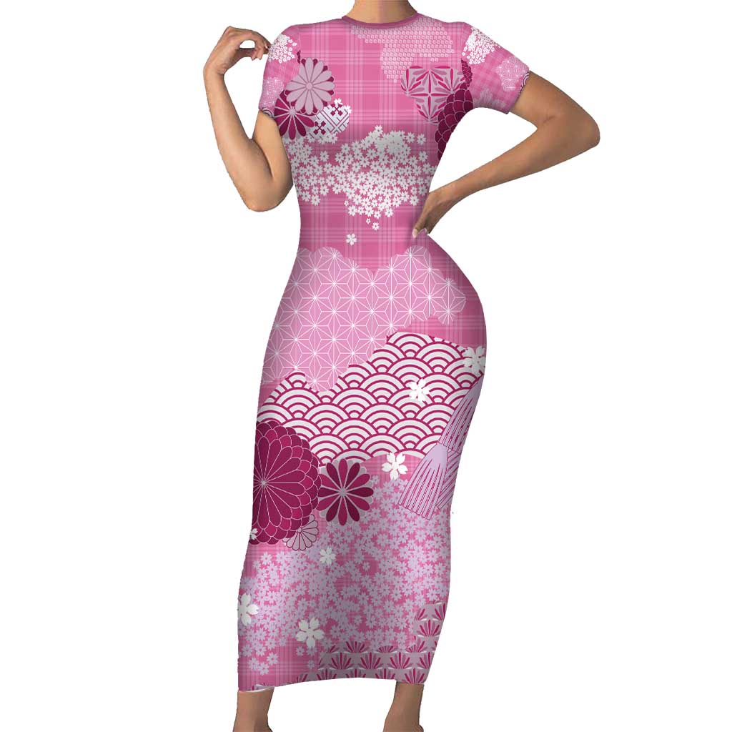 Pink Palaka Japanese Patterns Short Sleeve Bodycon Dress Asanoha Seigaiha Sakura Motif LT14 Long Dress Pink - Polynesian Pride