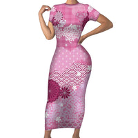Pink Palaka Japanese Patterns Short Sleeve Bodycon Dress Asanoha Seigaiha Sakura Motif LT14 Long Dress Pink - Polynesian Pride