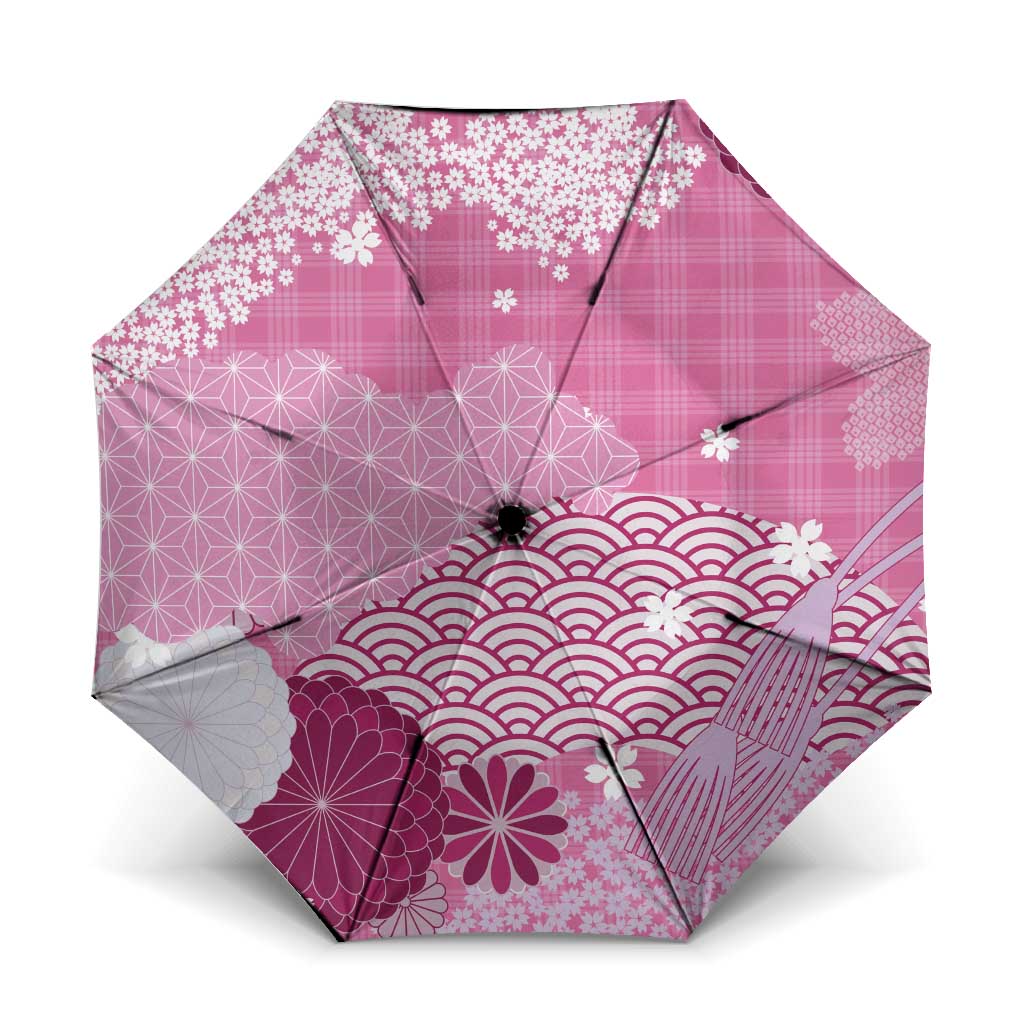 Pink Palaka Japanese Patterns Umbrella Asanoha Seigaiha Sakura Motif LT14 One Size Folded 11.42 inch Opened Diameter 37.4 inch Pink - Polynesian Pride