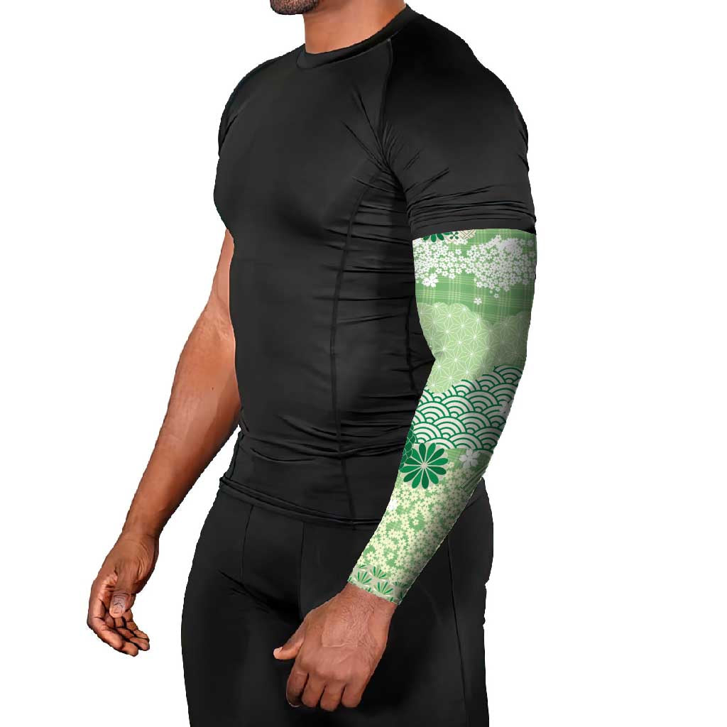 Green Palaka Japanese Patterns Arm Sleeves Asanoha Seigaiha Sakura Motif LT14 - Polynesian Pride