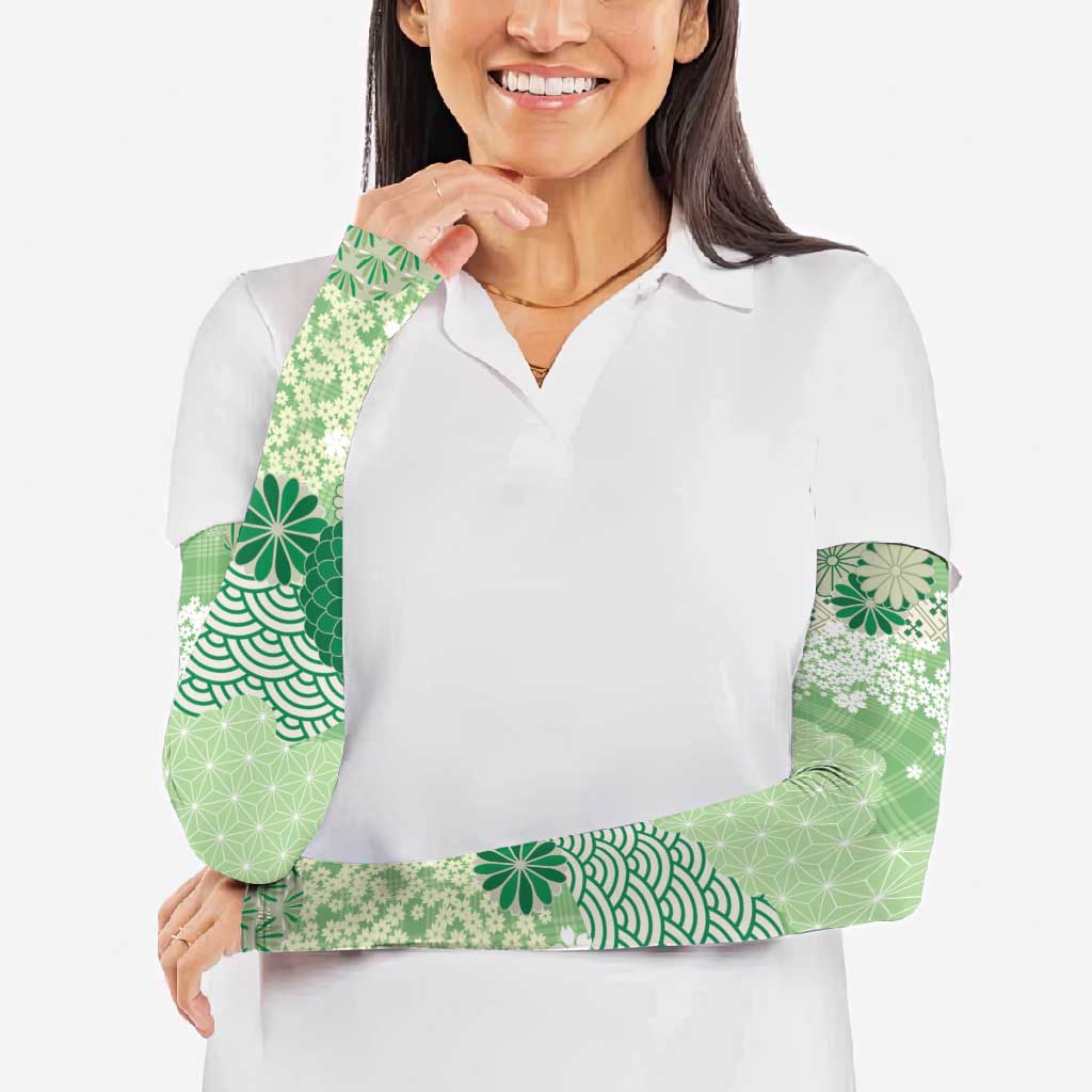 Green Palaka Japanese Patterns Arm Sleeves Asanoha Seigaiha Sakura Motif LT14 - Polynesian Pride
