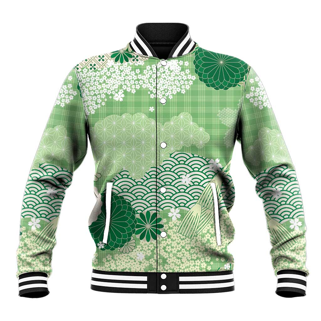 Green Palaka Japanese Patterns Baseball Jacket Asanoha Seigaiha Sakura Motif LT14 Unisex Green - Polynesian Pride