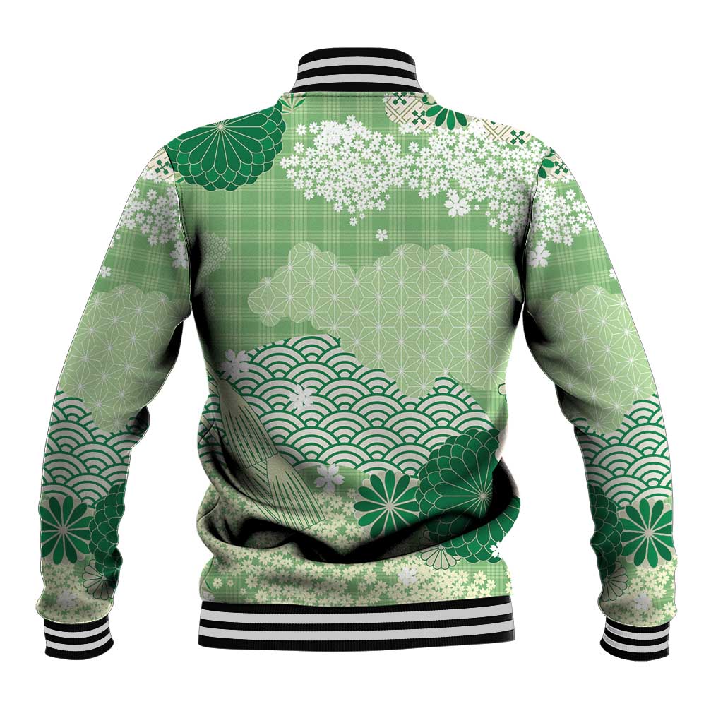 Green Palaka Japanese Patterns Baseball Jacket Asanoha Seigaiha Sakura Motif LT14 - Polynesian Pride
