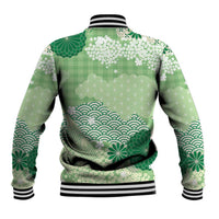 Green Palaka Japanese Patterns Baseball Jacket Asanoha Seigaiha Sakura Motif LT14 - Polynesian Pride