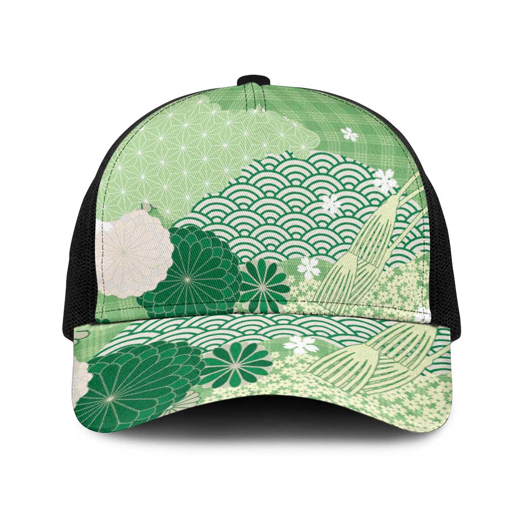 Green Japanese Traditional Motifs Baseball Net Cap Palaka With Asanoha Seigaiha Sakura LT14 One Size Black Green - Polynesian Pride