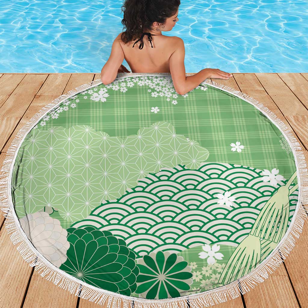 Green Palaka Japanese Patterns Beach Blanket Asanoha Seigaiha Sakura Motif LT14 - Polynesian Pride