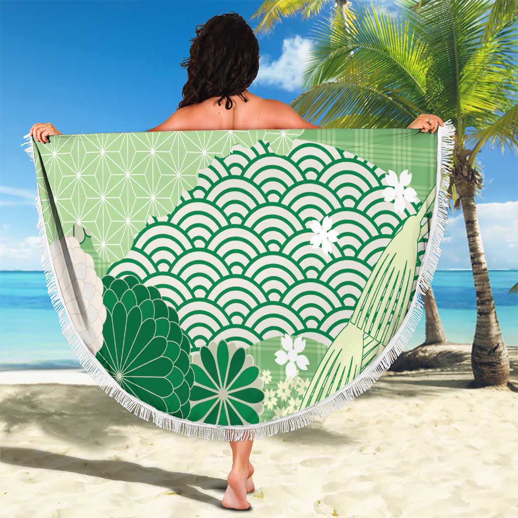 Green Palaka Japanese Patterns Beach Blanket Asanoha Seigaiha Sakura Motif LT14 - Polynesian Pride