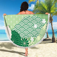 Green Palaka Japanese Patterns Beach Blanket Asanoha Seigaiha Sakura Motif LT14 - Polynesian Pride