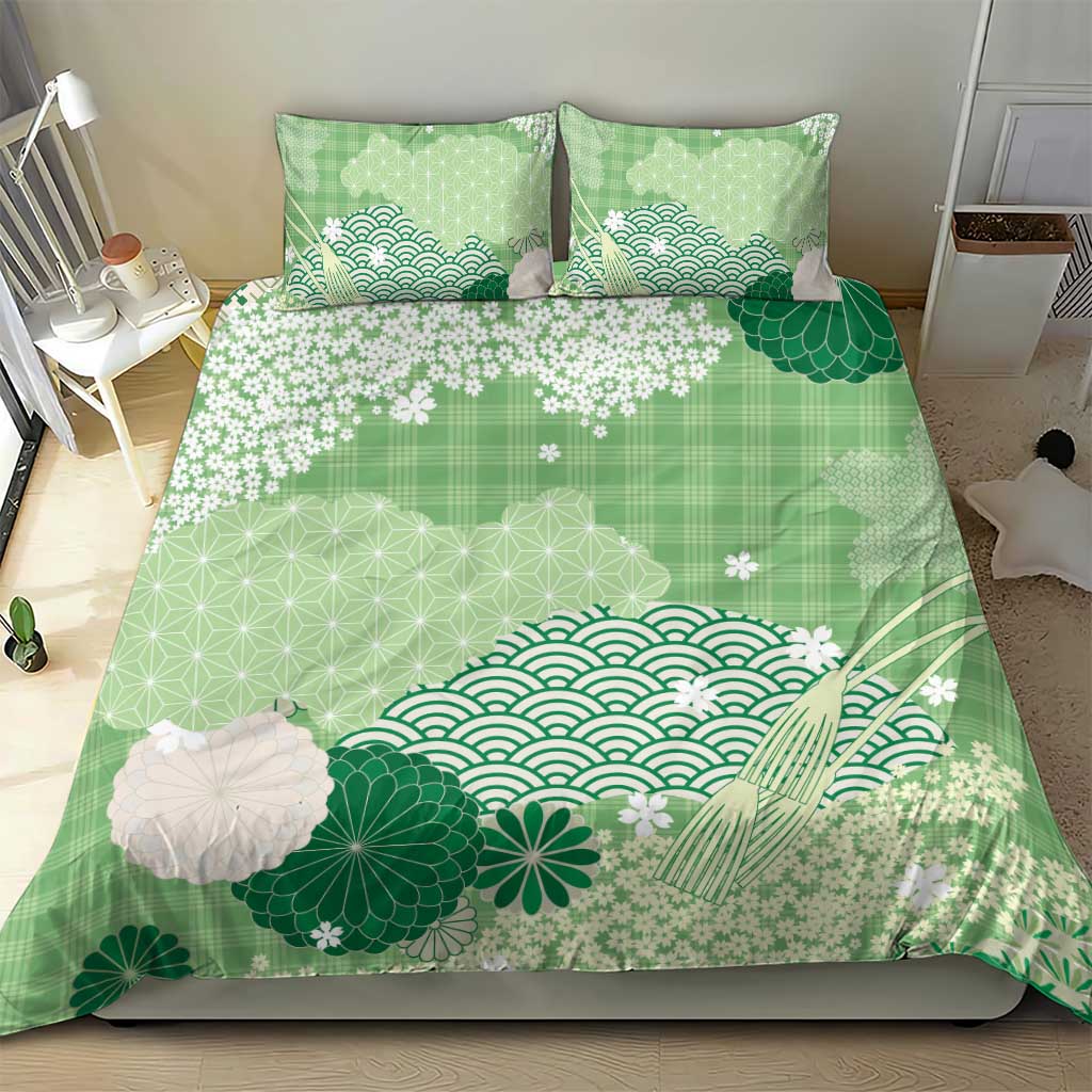 Green Palaka Japanese Patterns Bedding Set Asanoha Seigaiha Sakura Motif LT14 - Polynesian Pride