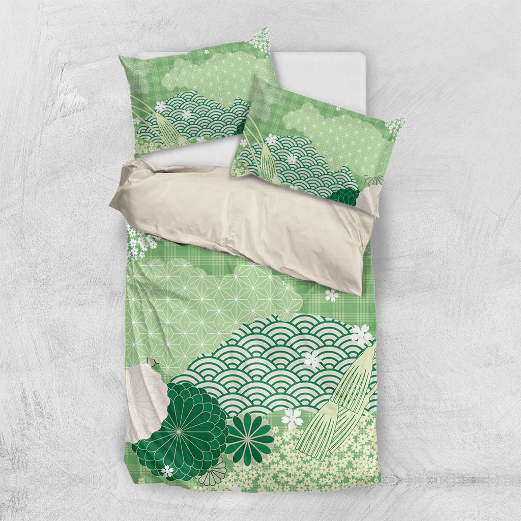 Green Palaka Japanese Patterns Bedding Set Asanoha Seigaiha Sakura Motif LT14 US Twin 172cm x 218cm Green - Polynesian Pride