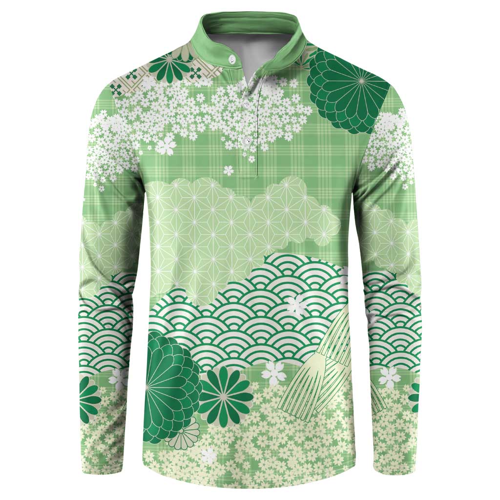 Green Palaka Japanese Patterns Button Sweatshirt Asanoha Seigaiha Sakura Motif LT14 Green - Polynesian Pride