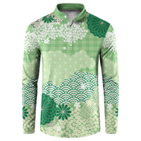 Green Palaka Japanese Patterns Button Sweatshirt Asanoha Seigaiha Sakura Motif LT14 Green - Polynesian Pride