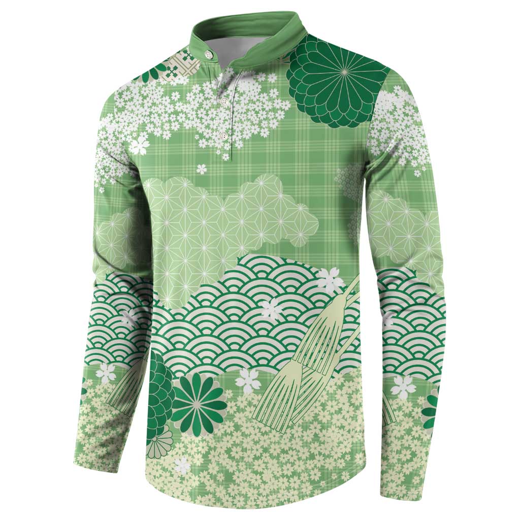 Green Palaka Japanese Patterns Button Sweatshirt Asanoha Seigaiha Sakura Motif LT14 - Polynesian Pride