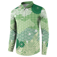 Green Palaka Japanese Patterns Button Sweatshirt Asanoha Seigaiha Sakura Motif LT14 - Polynesian Pride