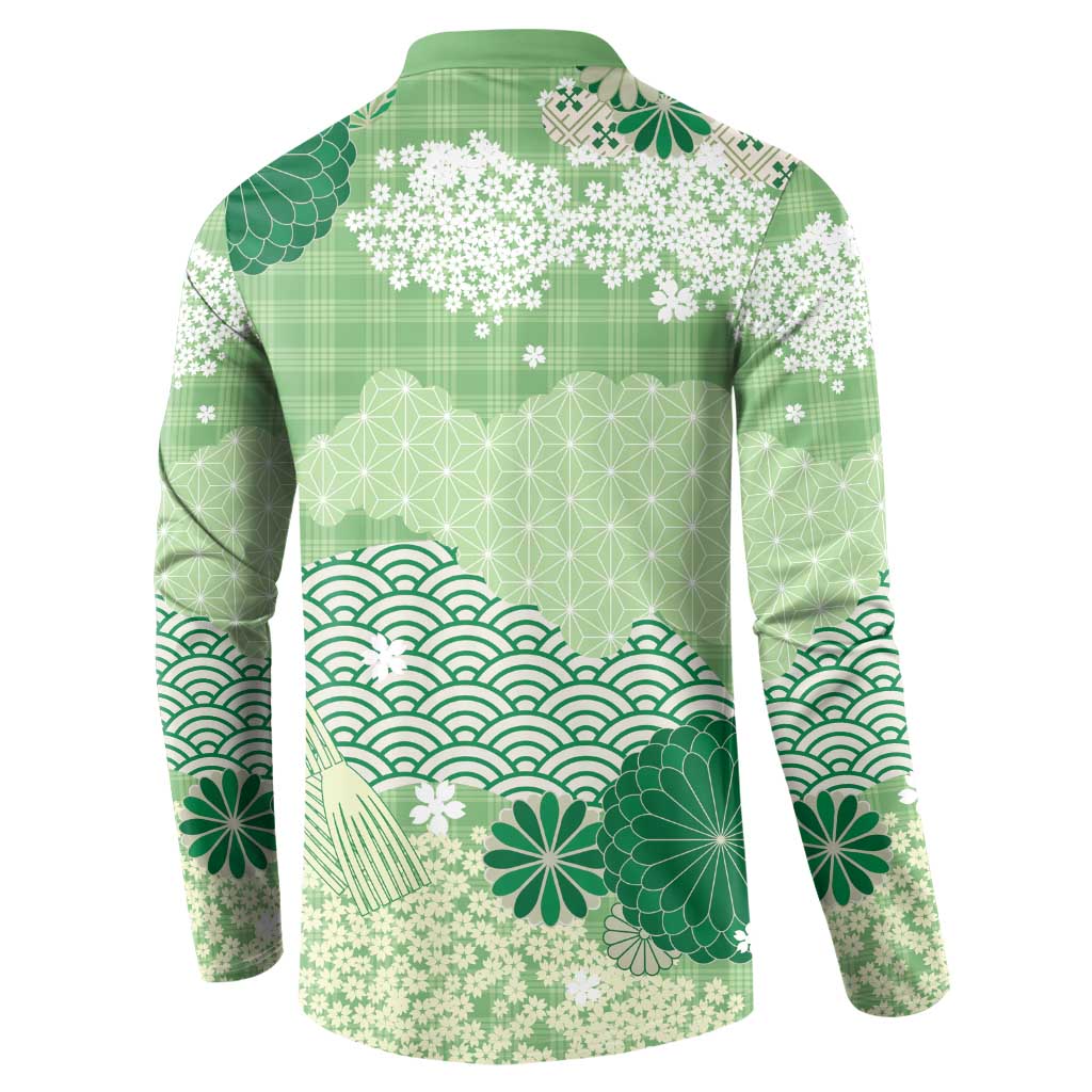 Green Palaka Japanese Patterns Button Sweatshirt Asanoha Seigaiha Sakura Motif LT14 - Polynesian Pride