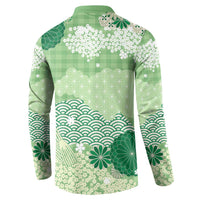Green Palaka Japanese Patterns Button Sweatshirt Asanoha Seigaiha Sakura Motif LT14 - Polynesian Pride