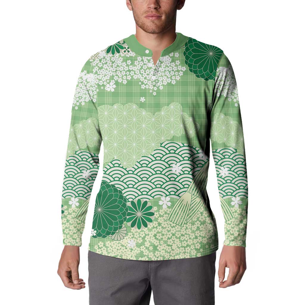 Green Palaka Japanese Patterns Button Sweatshirt Asanoha Seigaiha Sakura Motif LT14 - Polynesian Pride