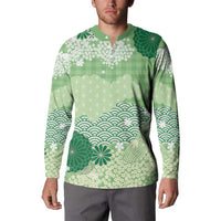 Green Palaka Japanese Patterns Button Sweatshirt Asanoha Seigaiha Sakura Motif LT14 - Polynesian Pride