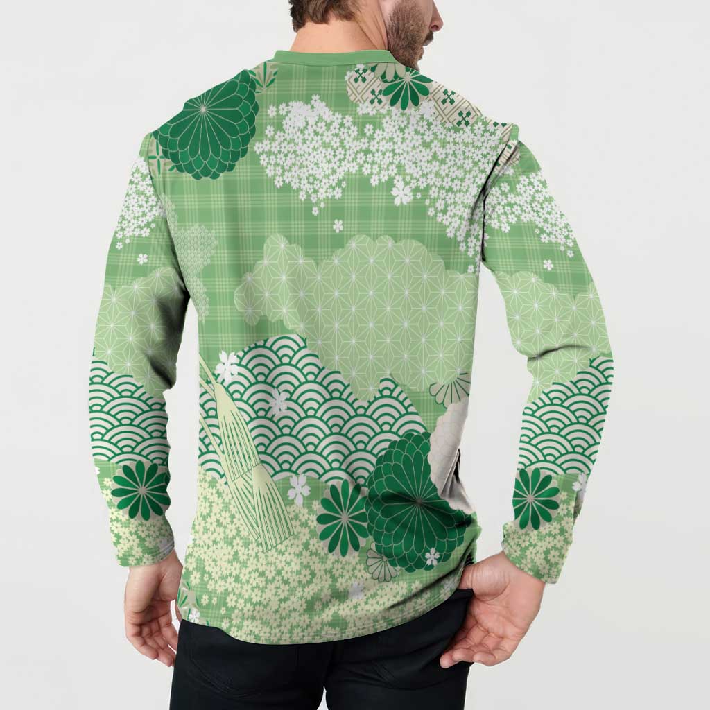 Green Palaka Japanese Patterns Button Sweatshirt Asanoha Seigaiha Sakura Motif LT14 - Polynesian Pride