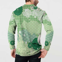 Green Palaka Japanese Patterns Button Sweatshirt Asanoha Seigaiha Sakura Motif LT14 - Polynesian Pride