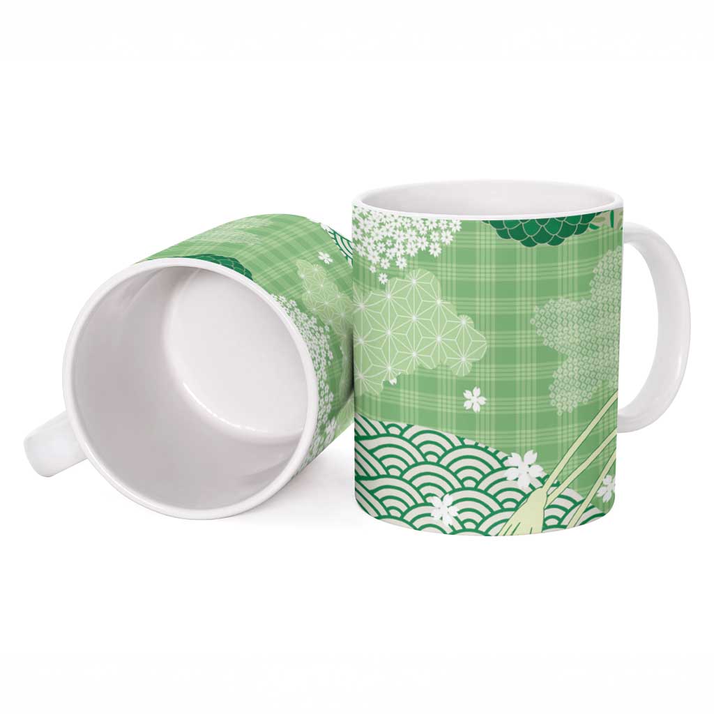 Green Palaka Japanese Patterns Ceramic Mug Asanoha Seigaiha Sakura Motif LT14 - Polynesian Pride