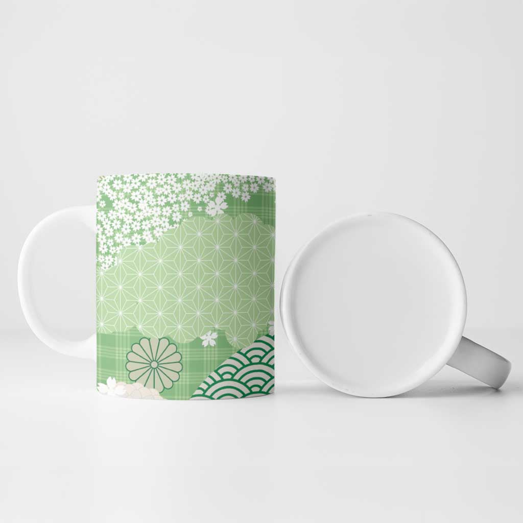 Green Palaka Japanese Patterns Ceramic Mug Asanoha Seigaiha Sakura Motif LT14 - Polynesian Pride