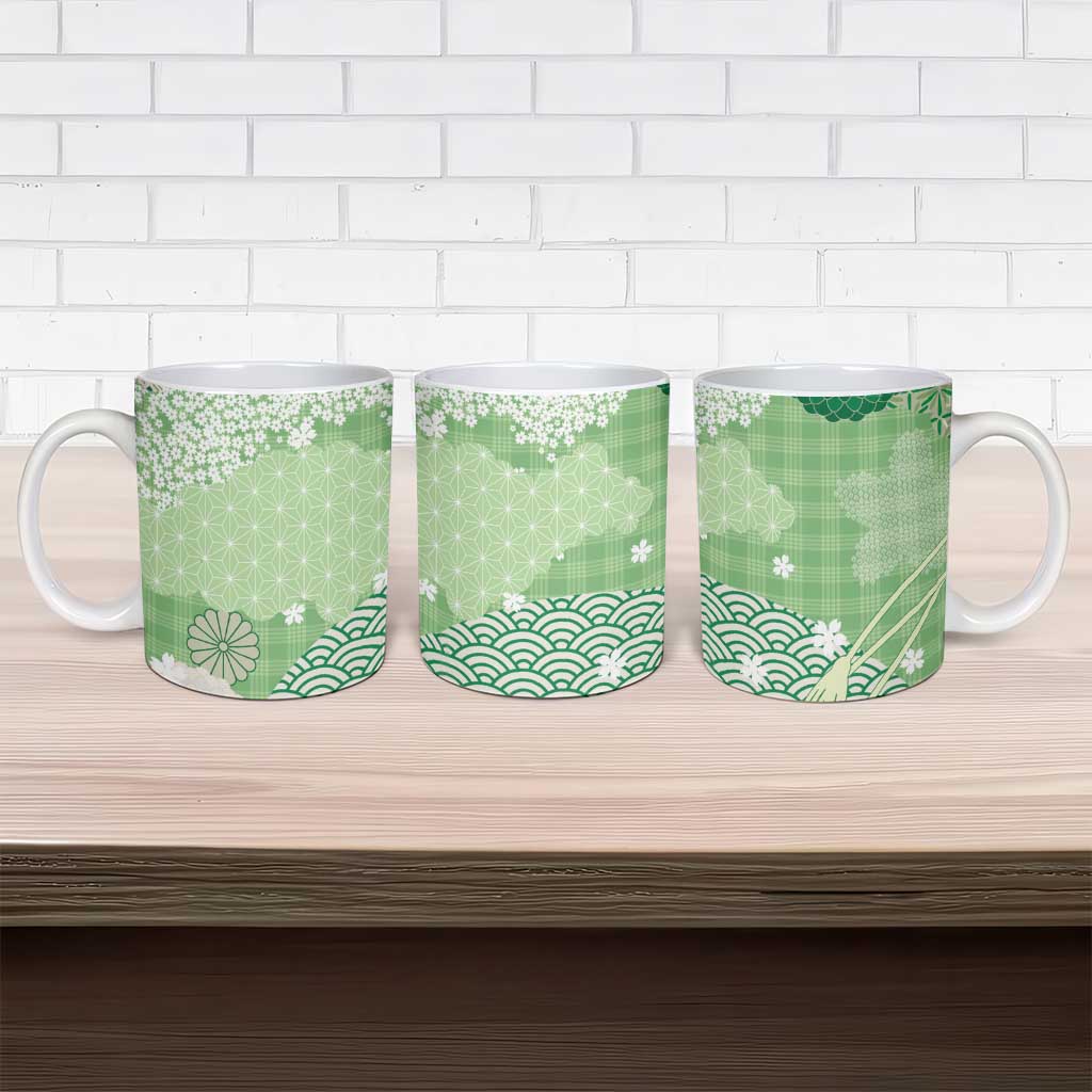 Green Palaka Japanese Patterns Ceramic Mug Asanoha Seigaiha Sakura Motif LT14 - Polynesian Pride