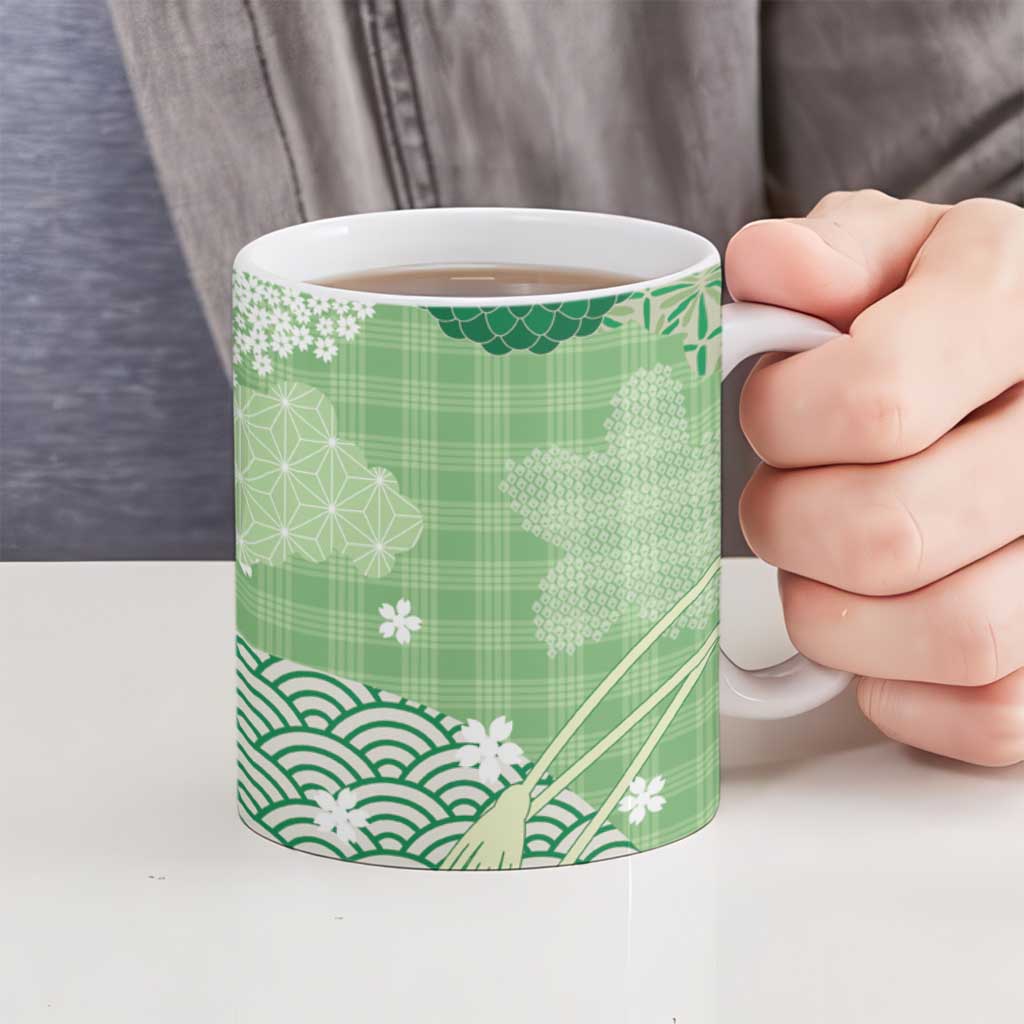Green Palaka Japanese Patterns Ceramic Mug Asanoha Seigaiha Sakura Motif LT14 - Polynesian Pride