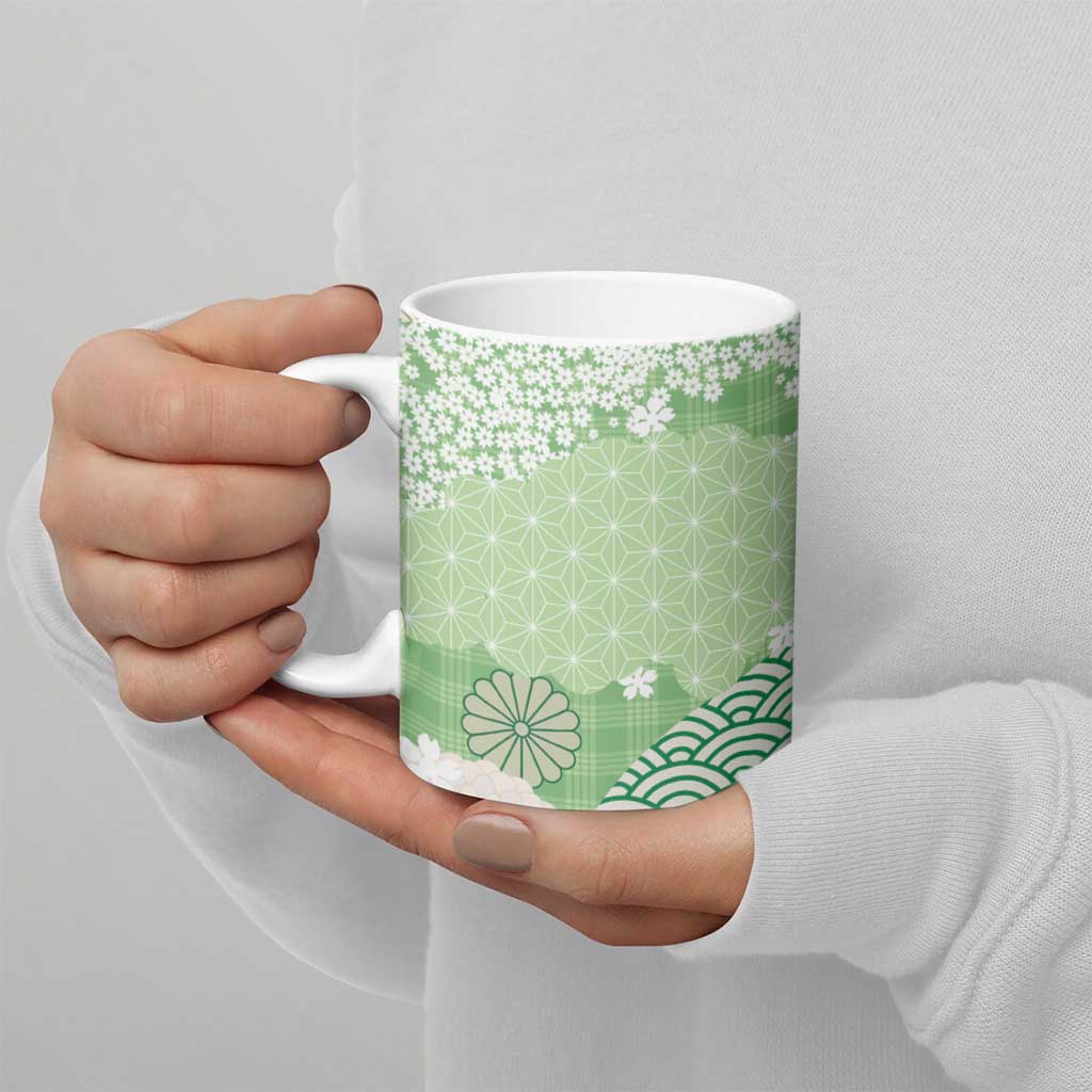 Green Palaka Japanese Patterns Ceramic Mug Asanoha Seigaiha Sakura Motif LT14 - Polynesian Pride