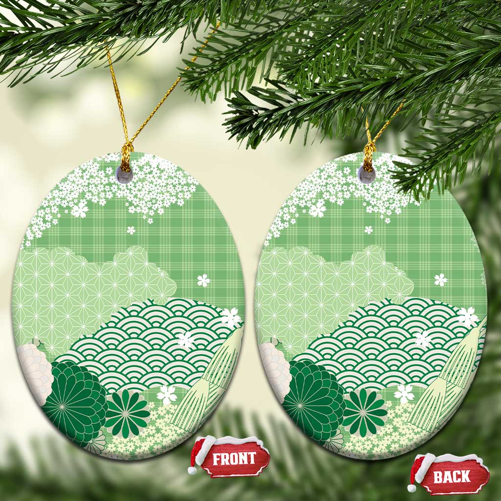 Green Palaka Japanese Patterns Ceramic Ornament Asanoha Seigaiha Sakura Motif LT14 Oval Green - Polynesian Pride