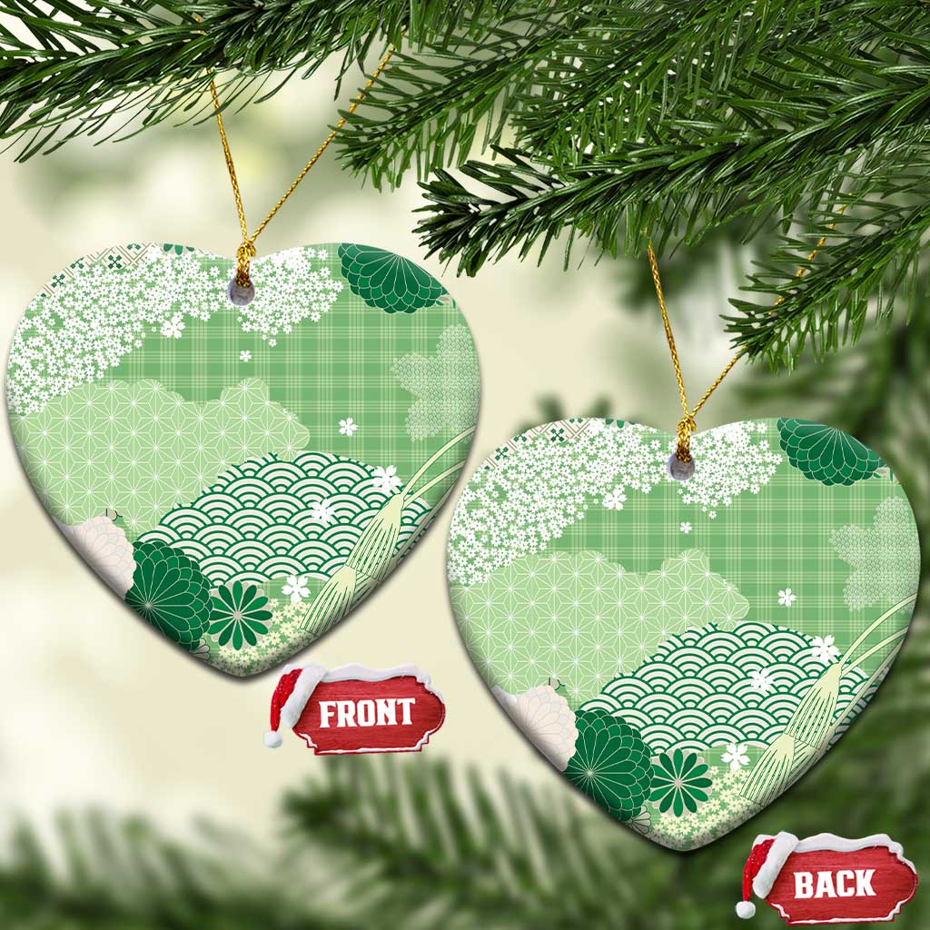 Green Palaka Japanese Patterns Ceramic Ornament Asanoha Seigaiha Sakura Motif LT14 Heart Green - Polynesian Pride
