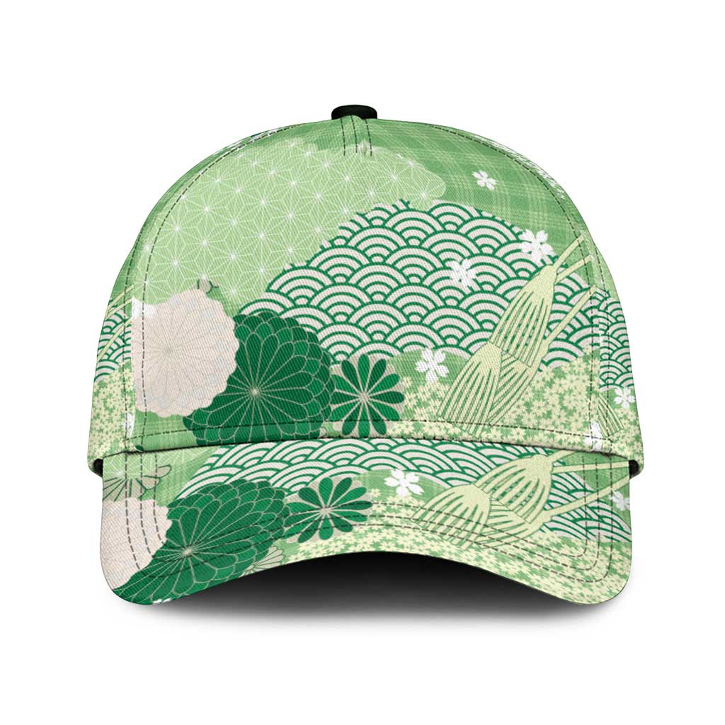 Green Japanese Traditional Motifs Classic Cap Palaka With Asanoha Seigaiha Sakura LT14 Universal Fit Green - Polynesian Pride