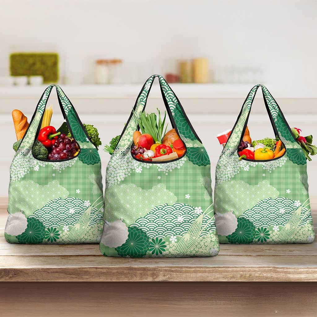 Green Palaka Japanese Patterns Grocery Bag Asanoha Seigaiha Sakura Motif LT14 3-pack One Size Green - Polynesian Pride