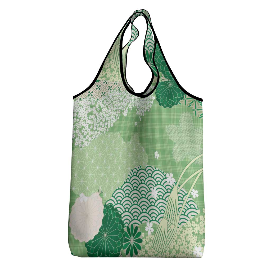 Green Palaka Japanese Patterns Grocery Bag Asanoha Seigaiha Sakura Motif LT14 - Polynesian Pride