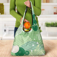 Green Palaka Japanese Patterns Grocery Bag Asanoha Seigaiha Sakura Motif LT14 - Polynesian Pride