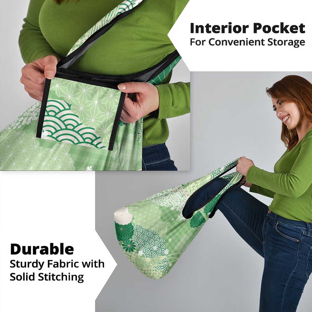 Green Palaka Japanese Patterns Grocery Bag Asanoha Seigaiha Sakura Motif LT14 - Polynesian Pride