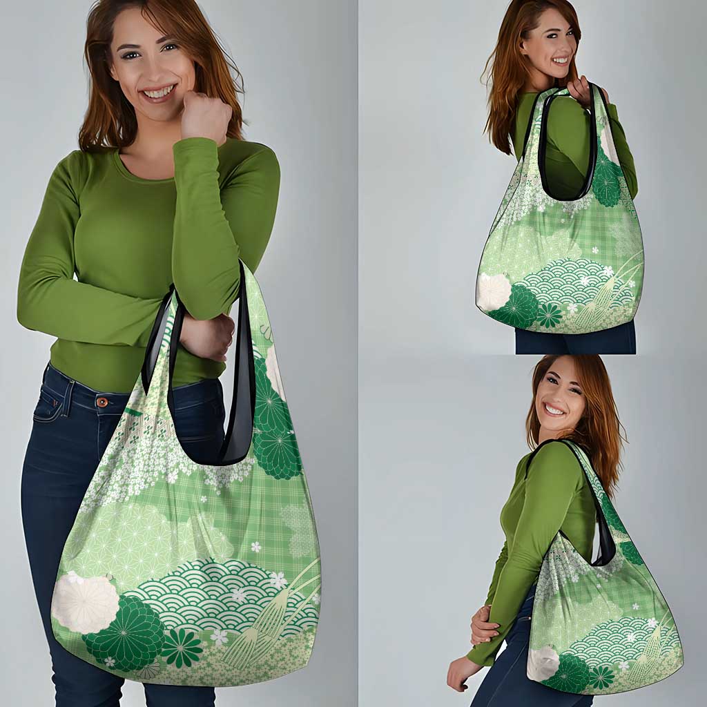 Green Palaka Japanese Patterns Grocery Bag Asanoha Seigaiha Sakura Motif LT14 - Polynesian Pride