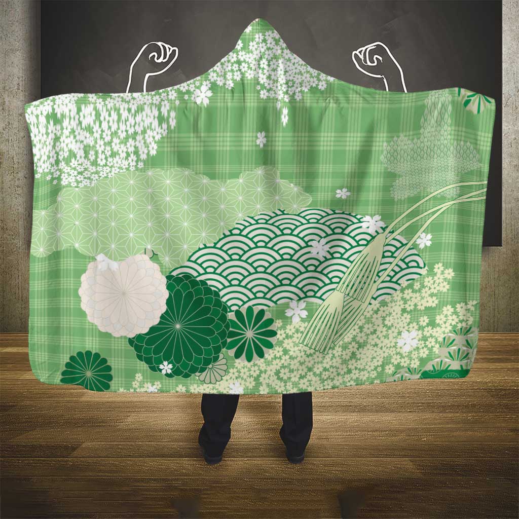 Green Palaka Japanese Patterns Hooded Blanket Asanoha Seigaiha Sakura Motif LT14 - Polynesian Pride