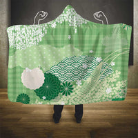Green Palaka Japanese Patterns Hooded Blanket Asanoha Seigaiha Sakura Motif LT14 - Polynesian Pride
