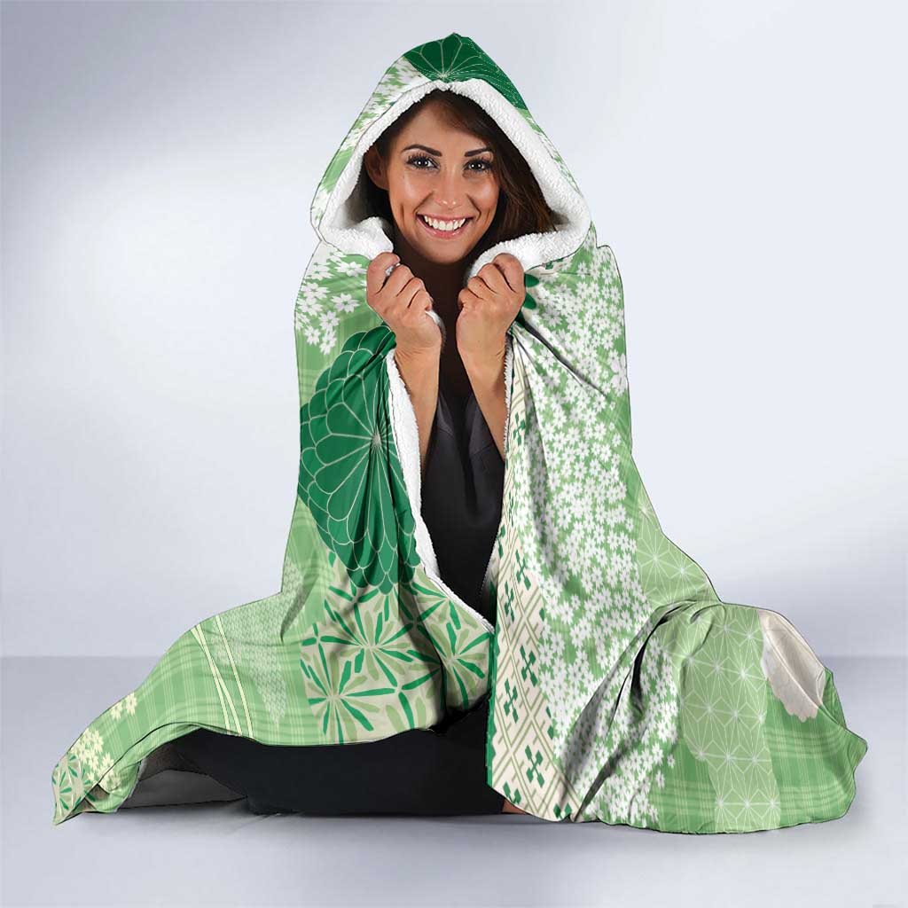 Green Palaka Japanese Patterns Hooded Blanket Asanoha Seigaiha Sakura Motif LT14 - Polynesian Pride