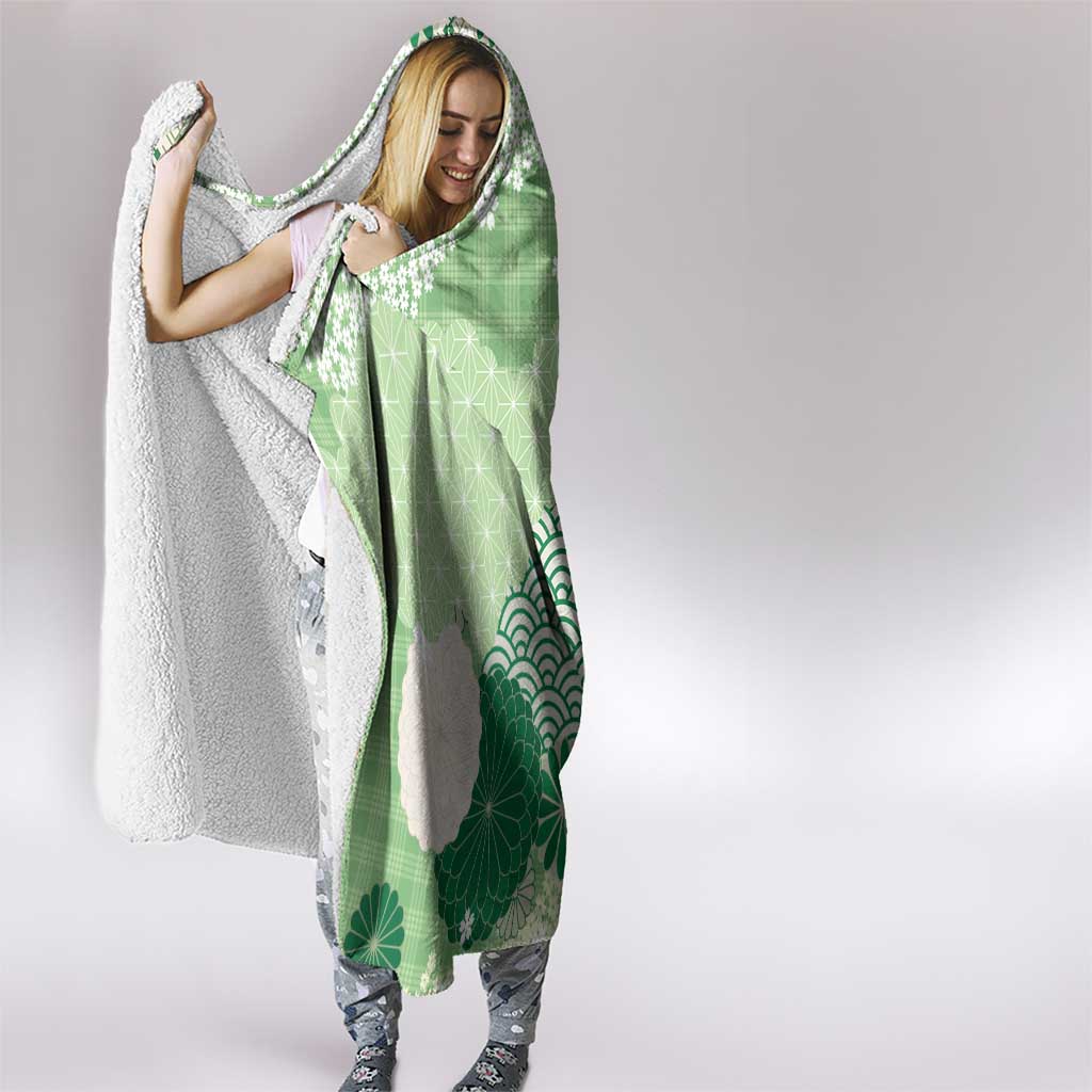 Green Palaka Japanese Patterns Hooded Blanket Asanoha Seigaiha Sakura Motif LT14 - Polynesian Pride