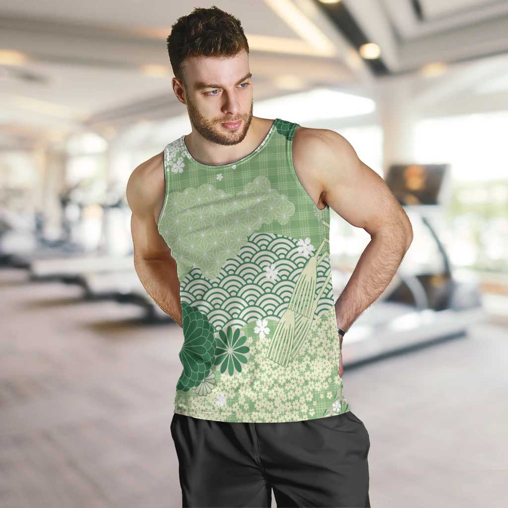 Green Palaka Japanese Patterns Men Tank Top Asanoha Seigaiha Sakura Motif LT14 Green - Polynesian Pride