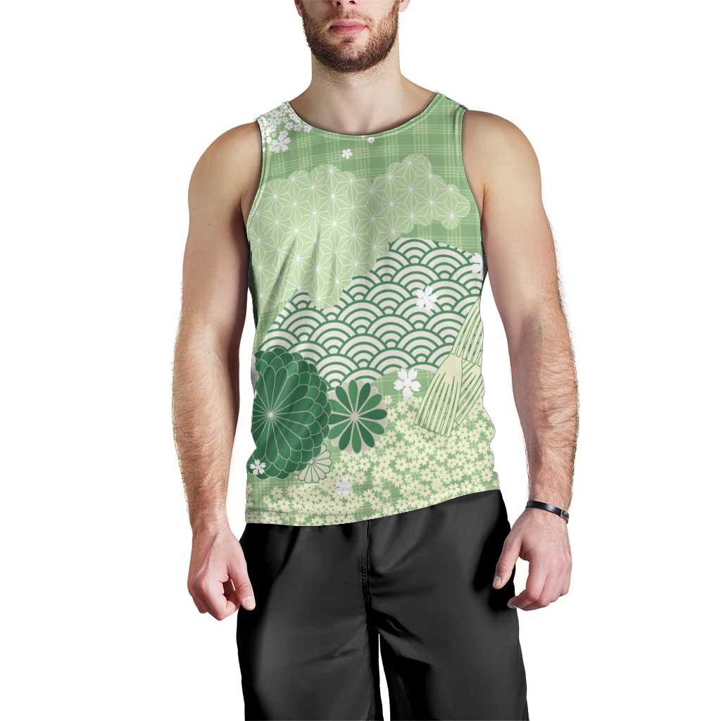 Green Palaka Japanese Patterns Men Tank Top Asanoha Seigaiha Sakura Motif LT14 - Polynesian Pride