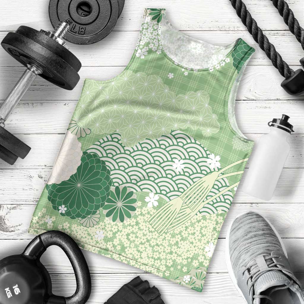 Green Palaka Japanese Patterns Men Tank Top Asanoha Seigaiha Sakura Motif LT14 - Polynesian Pride