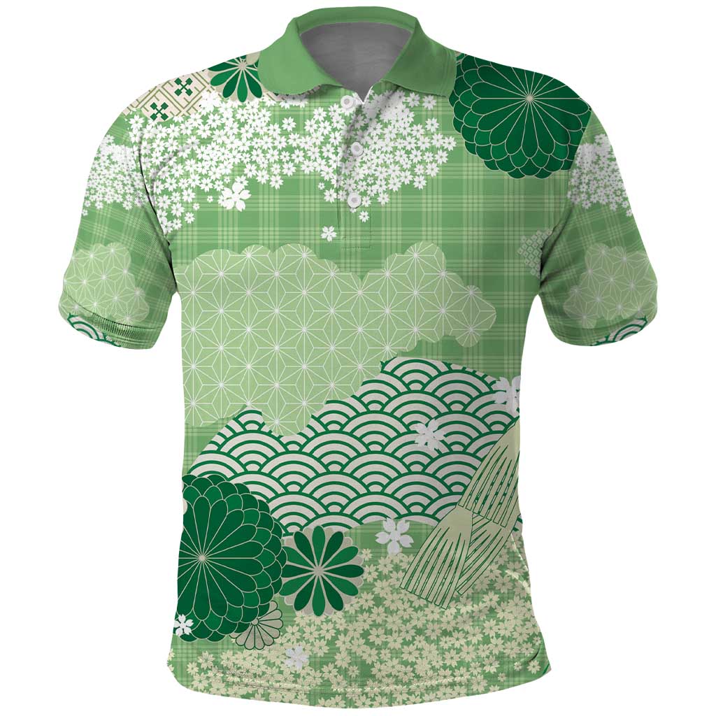 Green Palaka Japanese Patterns Polo Shirt Asanoha Seigaiha Sakura Motif LT14 Green - Polynesian Pride