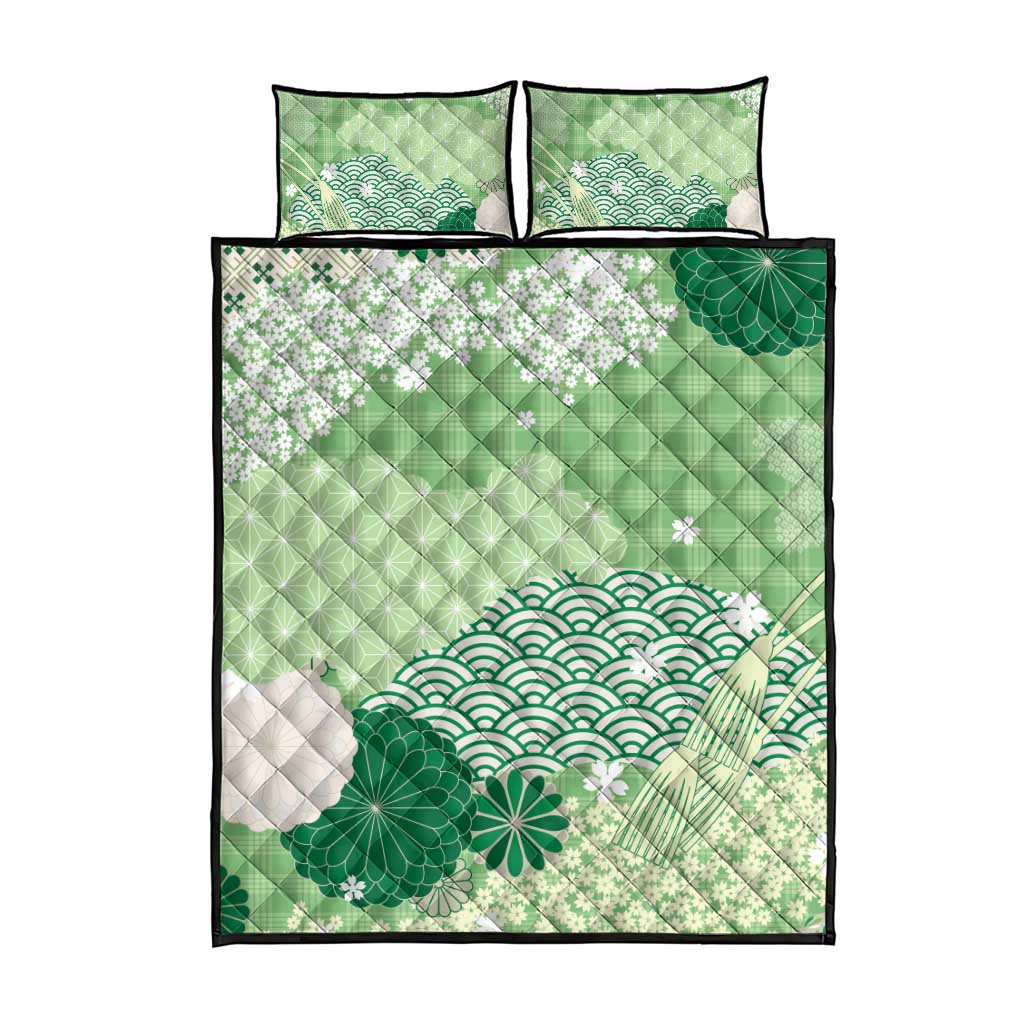 Green Palaka Japanese Patterns Quilt Bed Set Asanoha Seigaiha Sakura Motif LT14 - Polynesian Pride