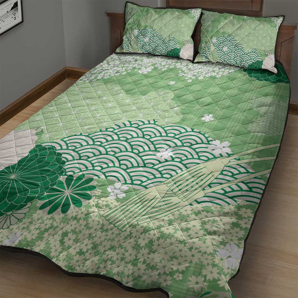 Green Palaka Japanese Patterns Quilt Bed Set Asanoha Seigaiha Sakura Motif LT14 - Polynesian Pride